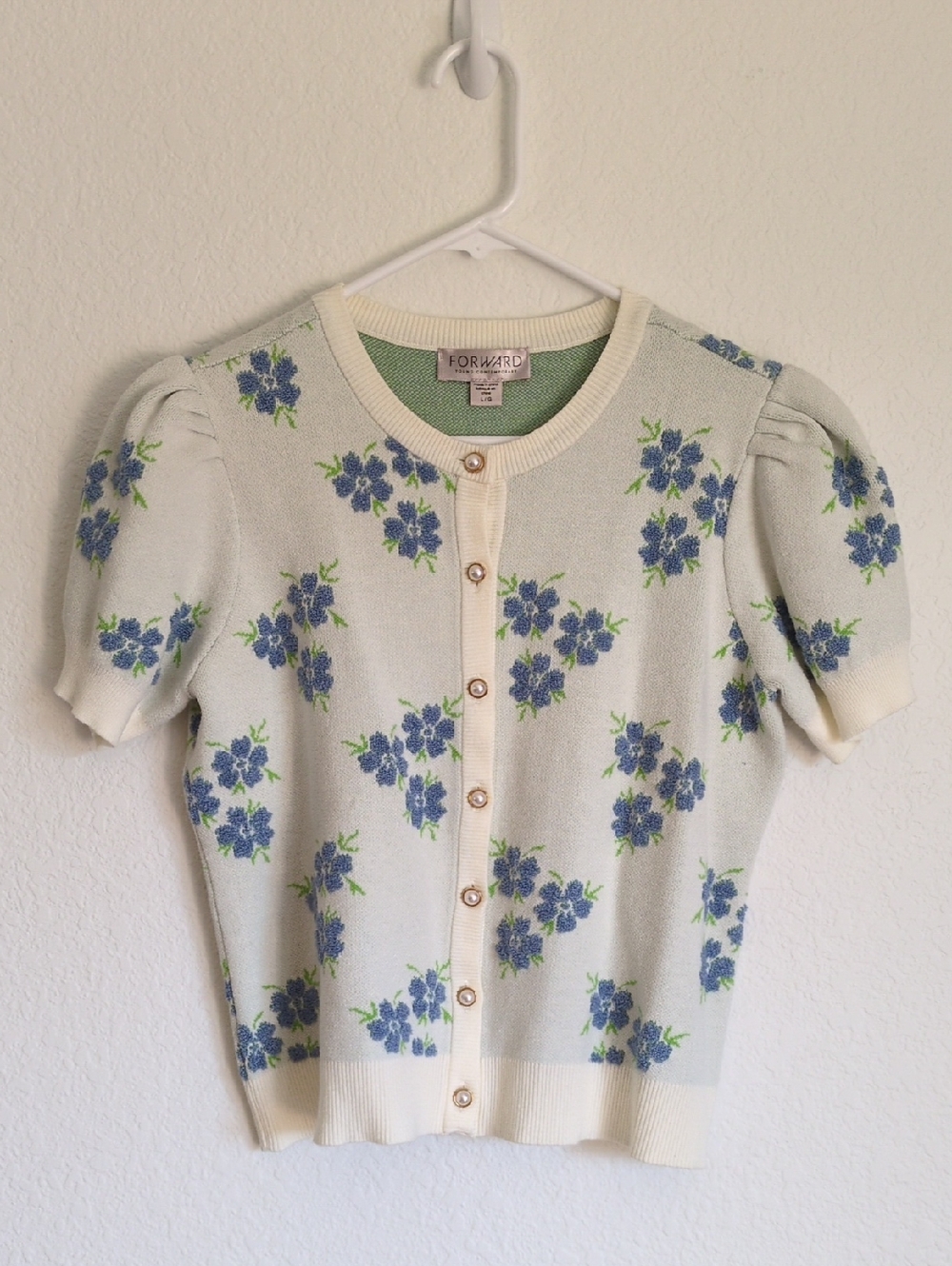Floral Crewneck Cardigan Sweater - Light Mint with Blue Flowers